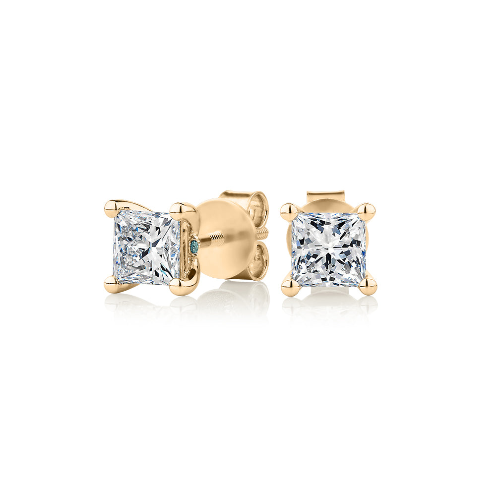 Premium Laboratory Created Diamond, 1.40 carat TW princess cut stud earrings in 14 carat yellow gold