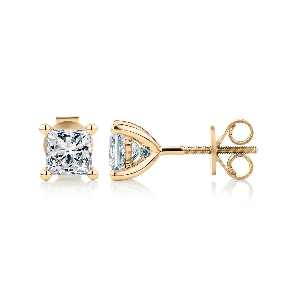 Premium Laboratory Created Diamond, 1.40 carat TW princess cut stud earrings in 14 carat yellow gold