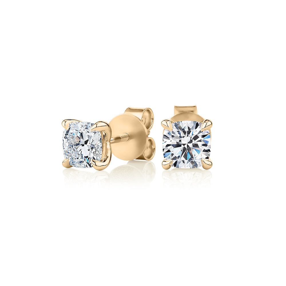 Premium Certified Laboratory Created Diamond, 1.40 carat TW cushion stud earrings in 14 carat yellow gold