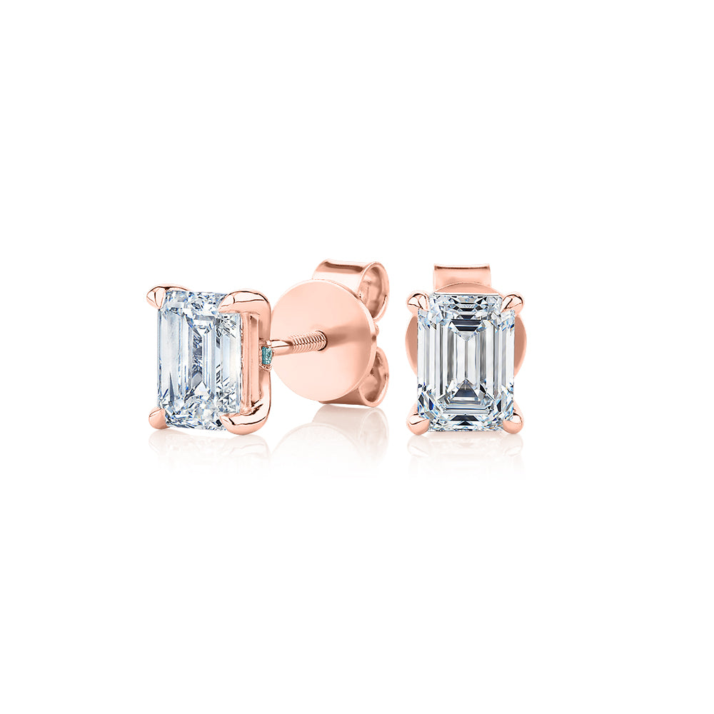 Premium Certified Laboratory Created Diamond, 1.40 carat TW emerald cut stud earrings in 18 carat rose gold