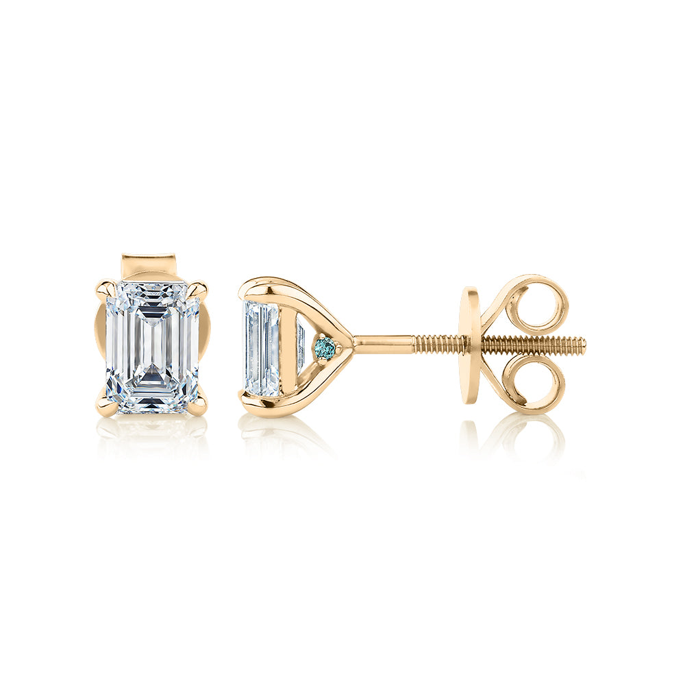 Premium Certified Laboratory Created Diamond, 1.40 carat TW emerald cut stud earrings in 14 carat yellow gold
