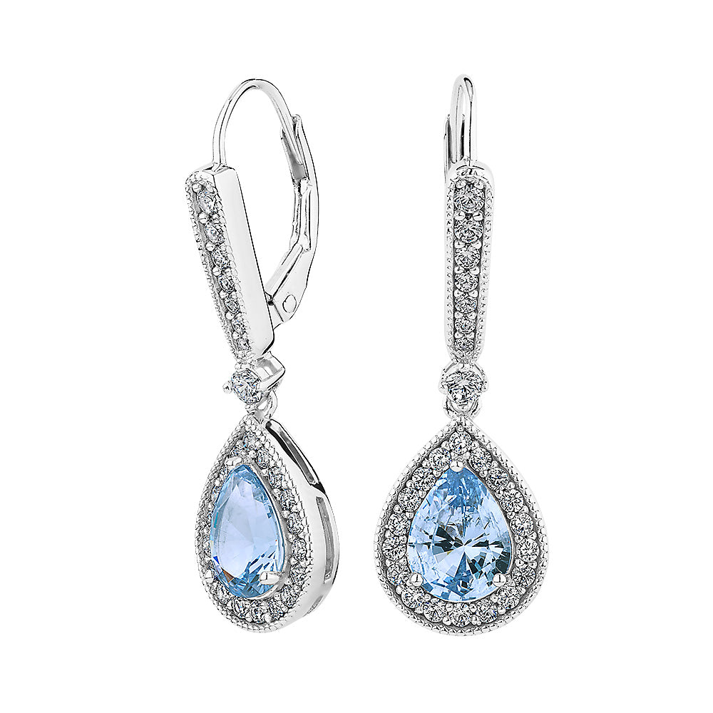 Pear and Round Brilliant drop earrings with blue topaz simulants and 2.7 carats* of diamond simulants in sterling silver