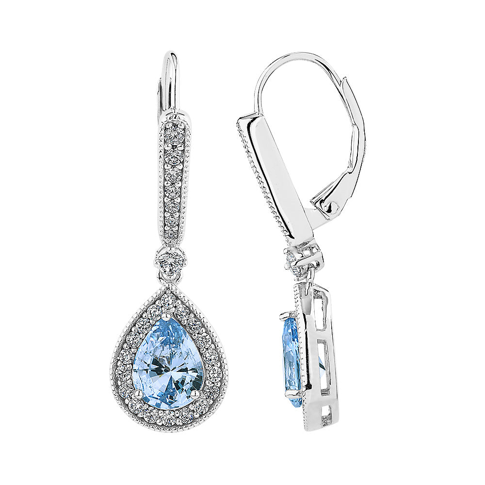 Pear and Round Brilliant drop earrings with blue topaz simulants and 2.7 carats* of diamond simulants in sterling silver