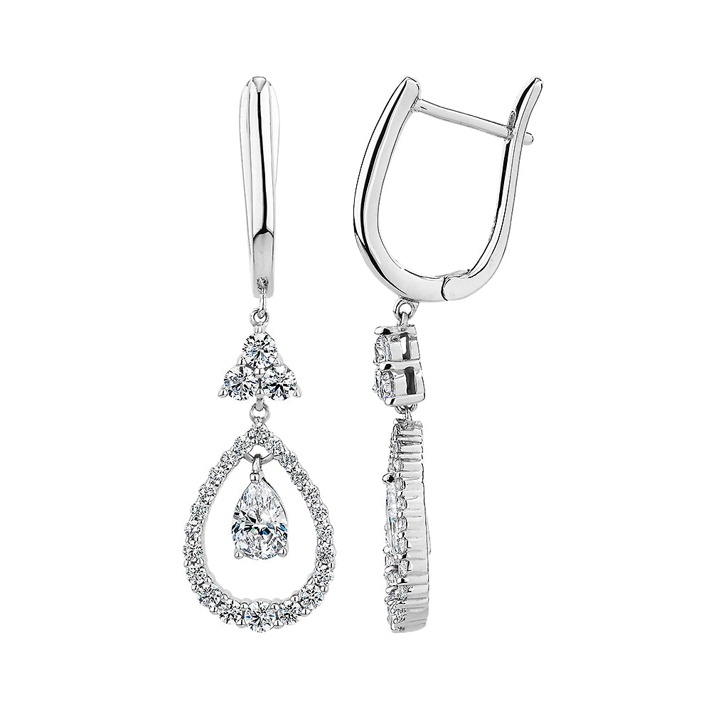 Pear and Round Brilliant drop earrings in sterling silver