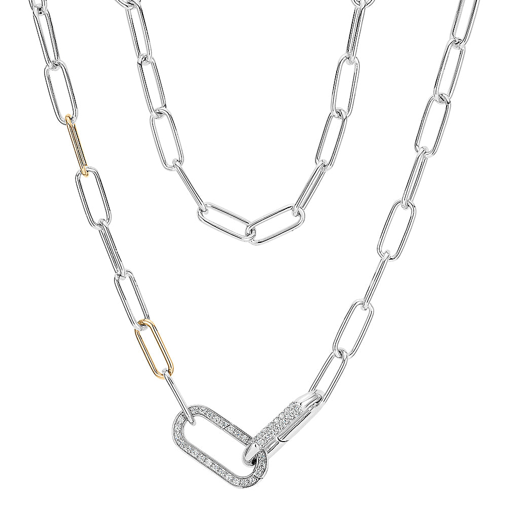 Necklace with 0.72 carats* of Round Brilliant diamond simulants in 10 carat yellow gold and sterling silver