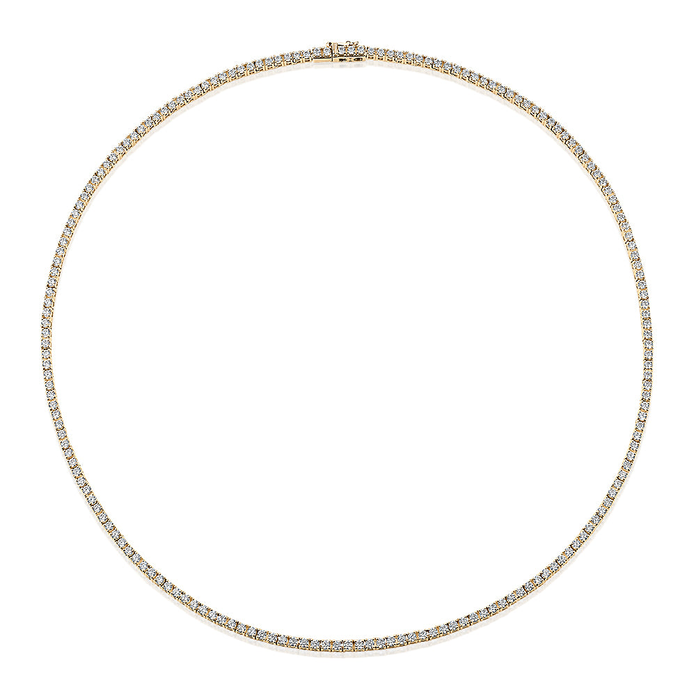 Round Brilliant tennis necklace with 5.52 carats* of diamond simulants in 10 carat yellow gold