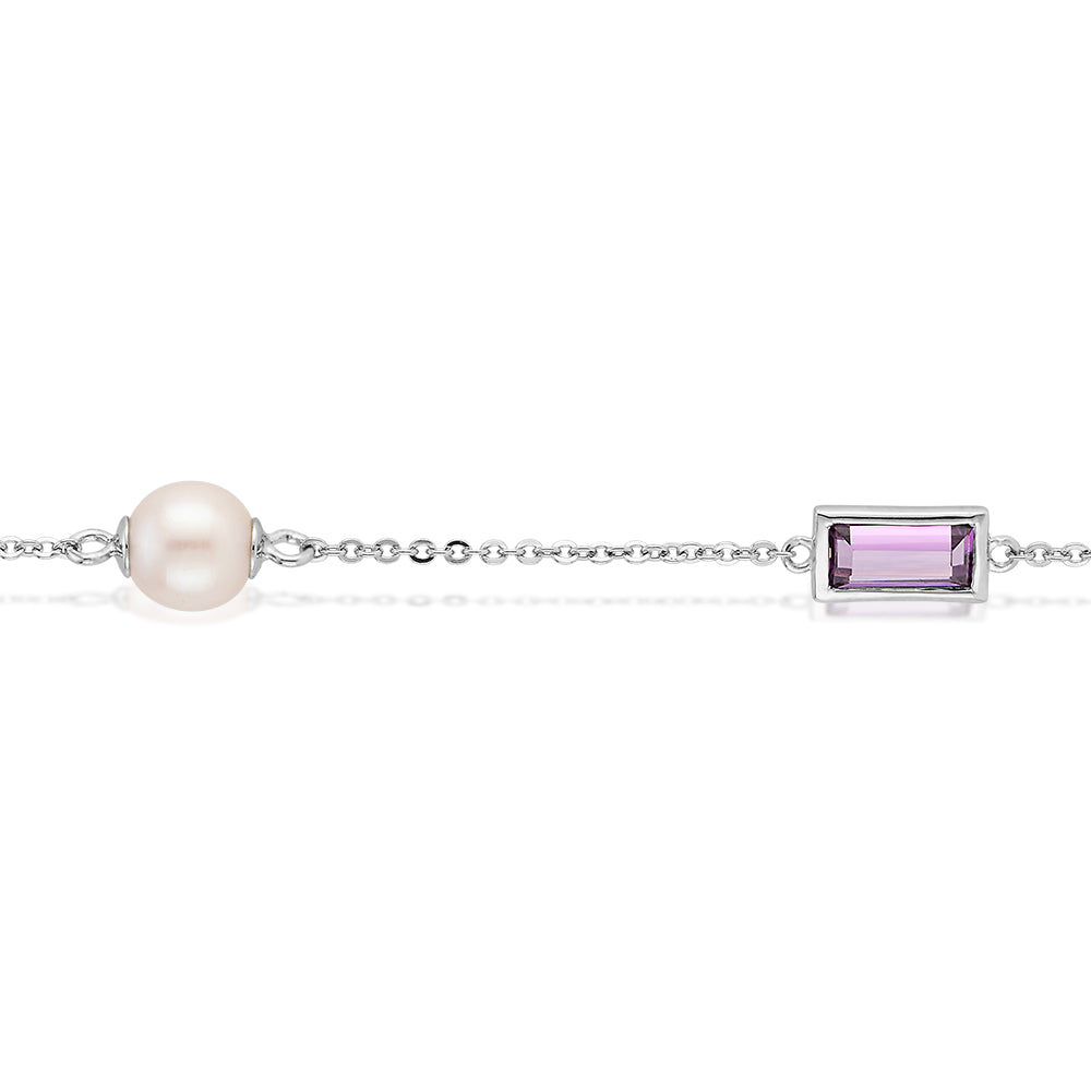 Cultured freshwater pearl and amethyst simulant drop necklace in sterling silver