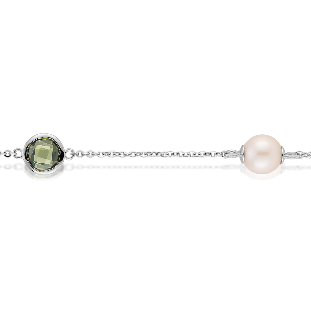Cultured freshwater pearl and peridot simulant drop necklace in sterling silver