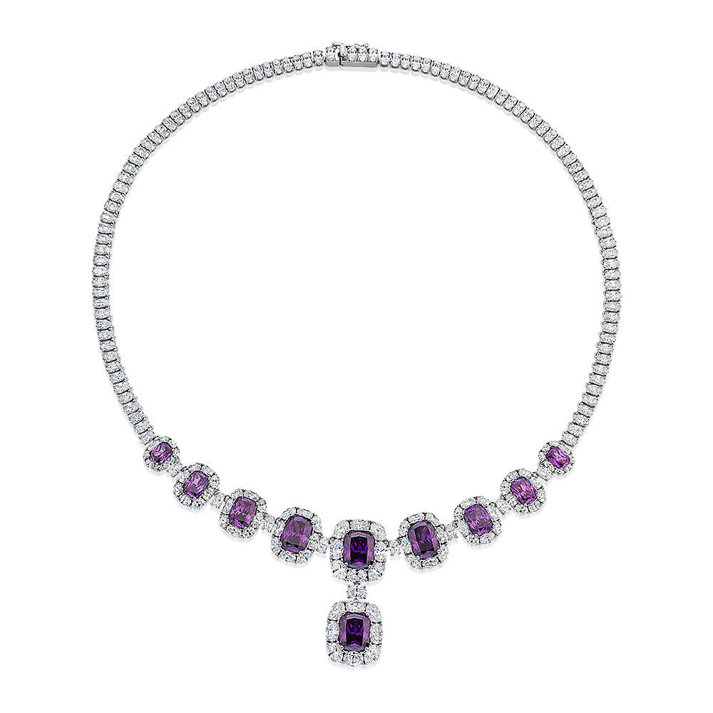 Statement necklace with amethyst simulants and 39.87 carats* of diamond simulants in sterling silver