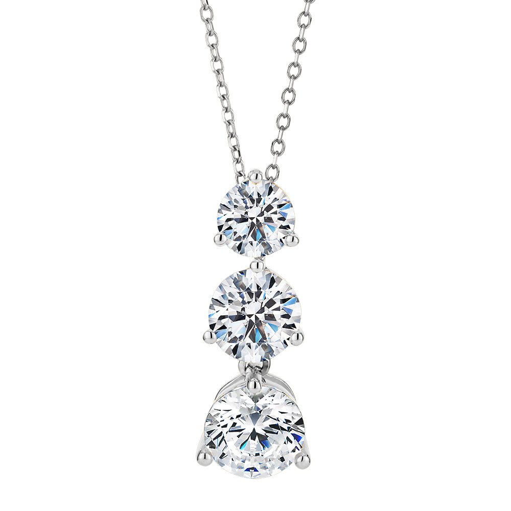 Three stone drop pendant with 2.33 carats* of diamond simulants in 10 carat white gold