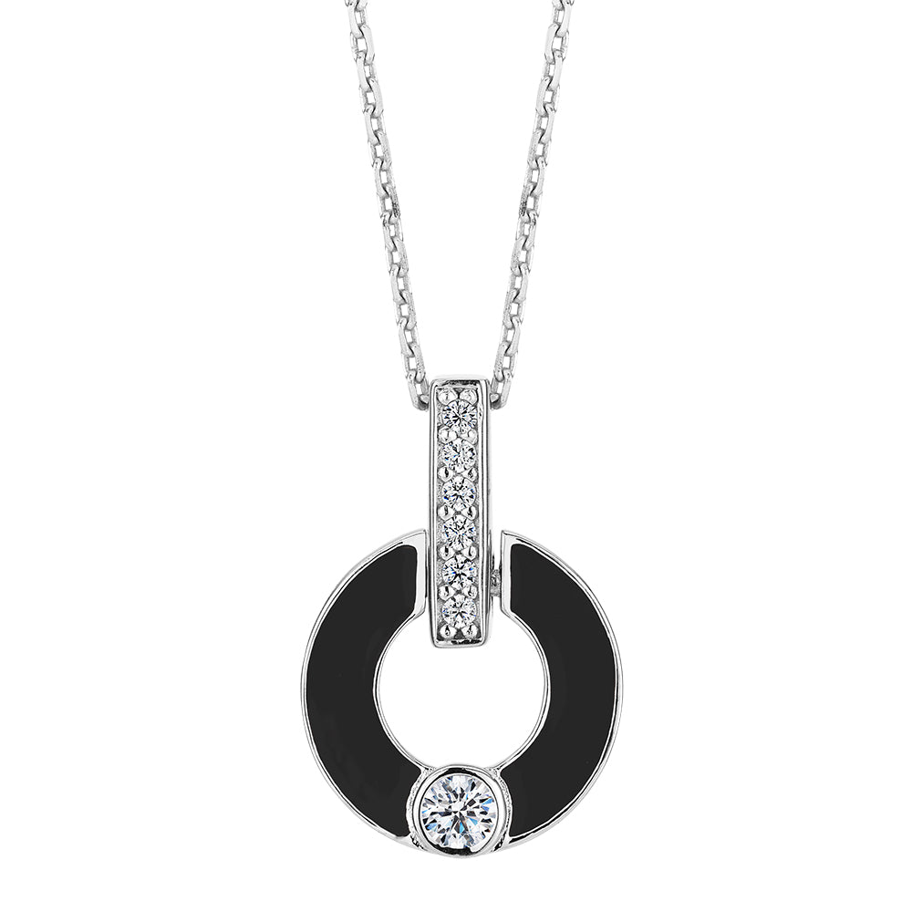 Round Brilliant drop necklace with diamond simulants in black enamel and sterling silver
