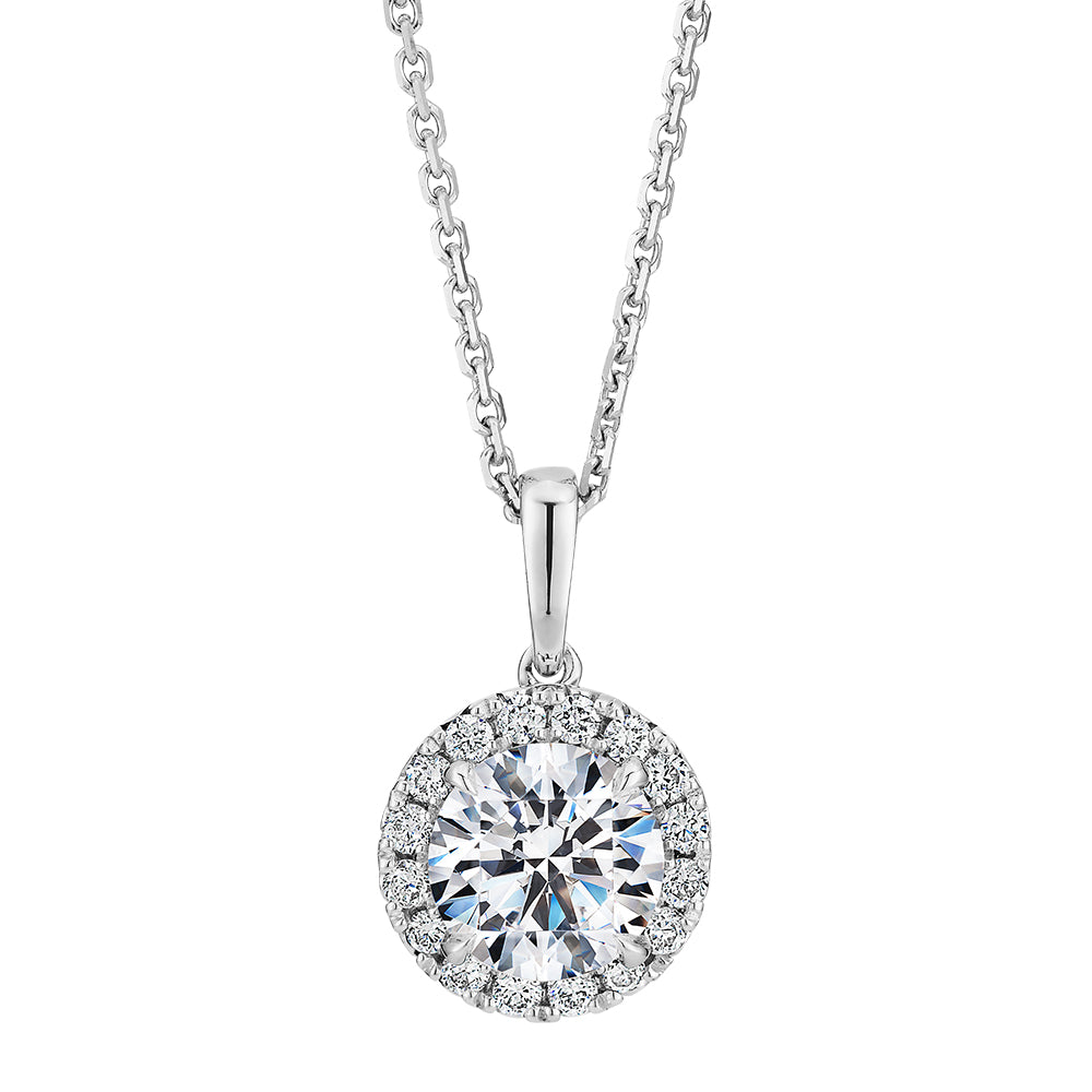 Premium Certified Laboratory Created Diamond, 1.19 carat TW round brilliant halo pendant in 14 carat white gold