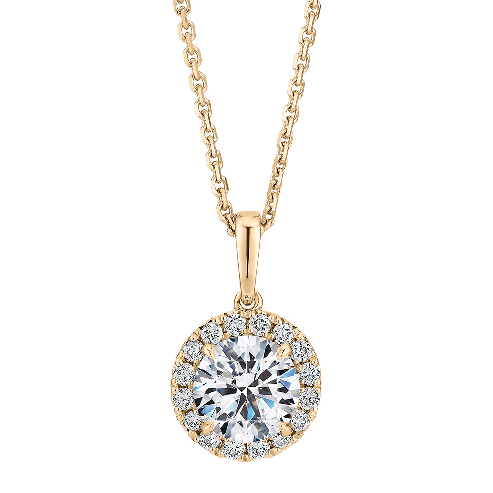 Premium Certified Laboratory Created Diamond, 1.19 carat TW round brilliant halo pendant in 14 carat yellow gold