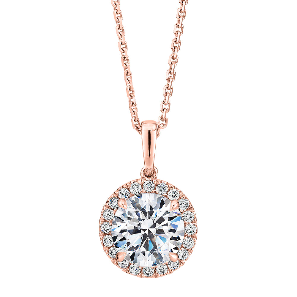 Premium Certified Laboratory Created Diamond, 1.66 carat TW round brilliant halo pendant in 18 carat rose gold