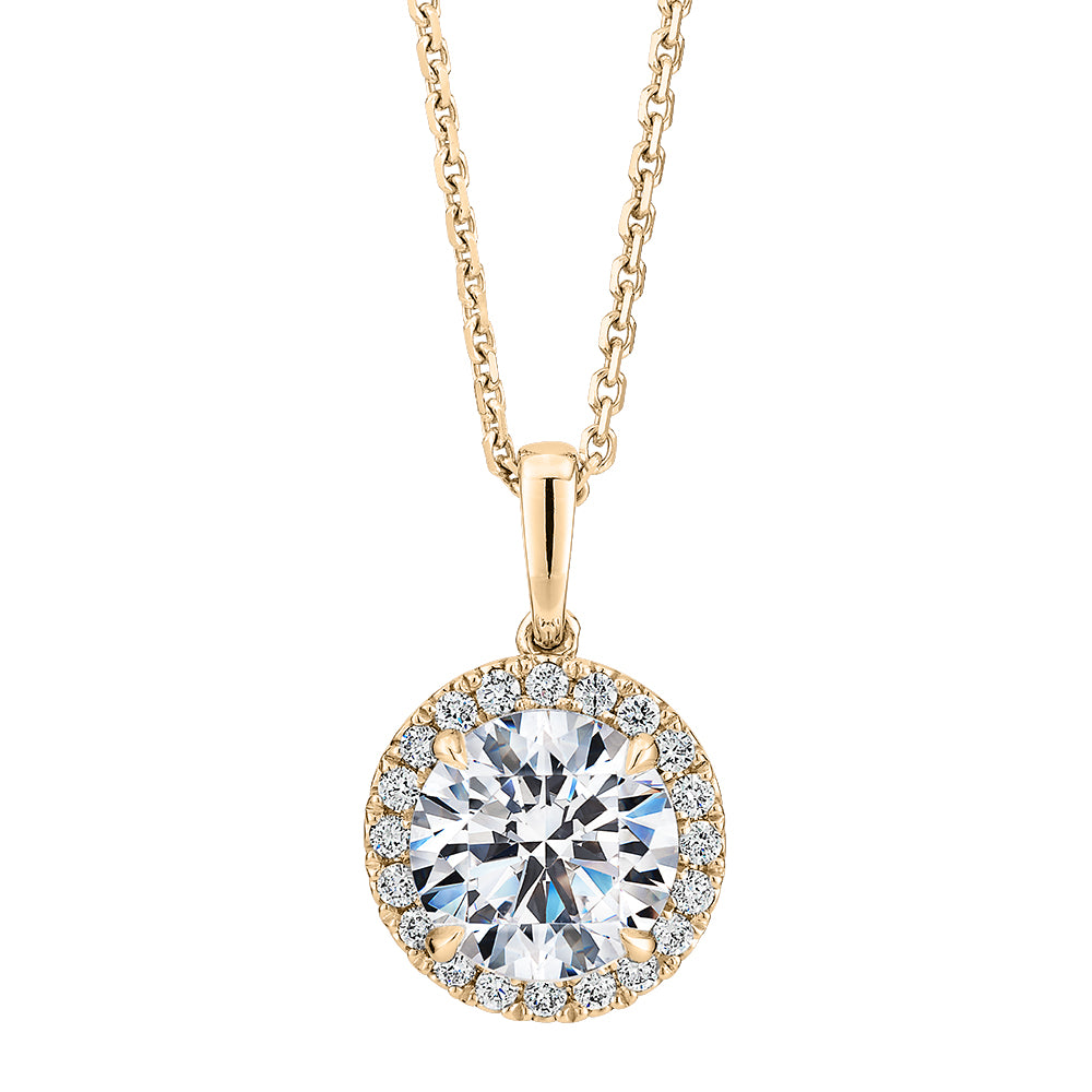Premium Certified Laboratory Created Diamond, 1.66 carat TW round brilliant halo pendant in 14 carat yellow gold