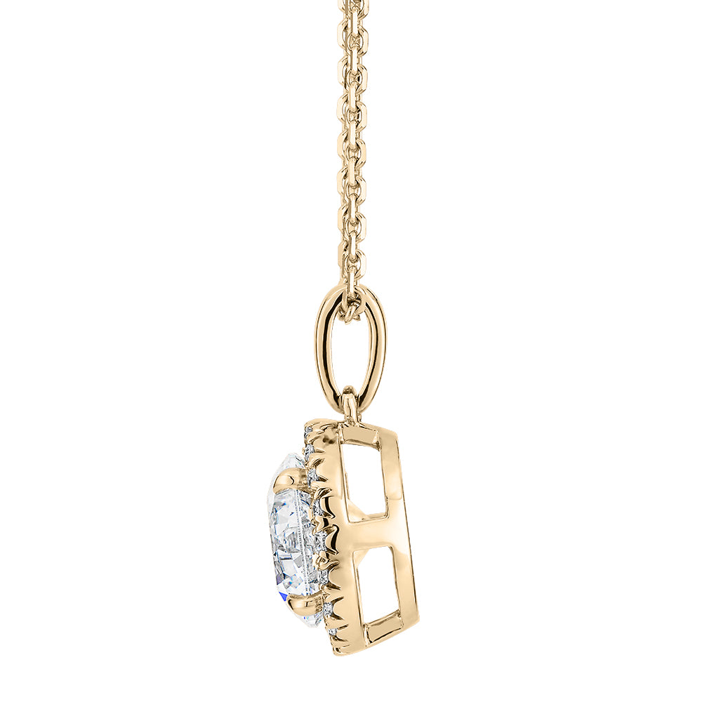 Premium Certified Laboratory Created Diamond, 1.66 carat TW round brilliant halo pendant in 14 carat yellow gold