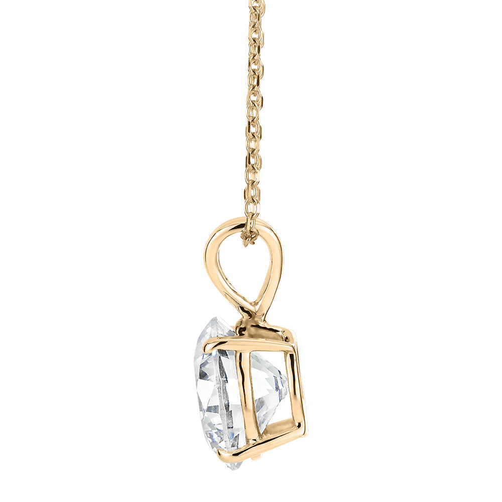 Round Brilliant solitaire pendant with 2 carat* diamond simulant in 10 carat yellow gold