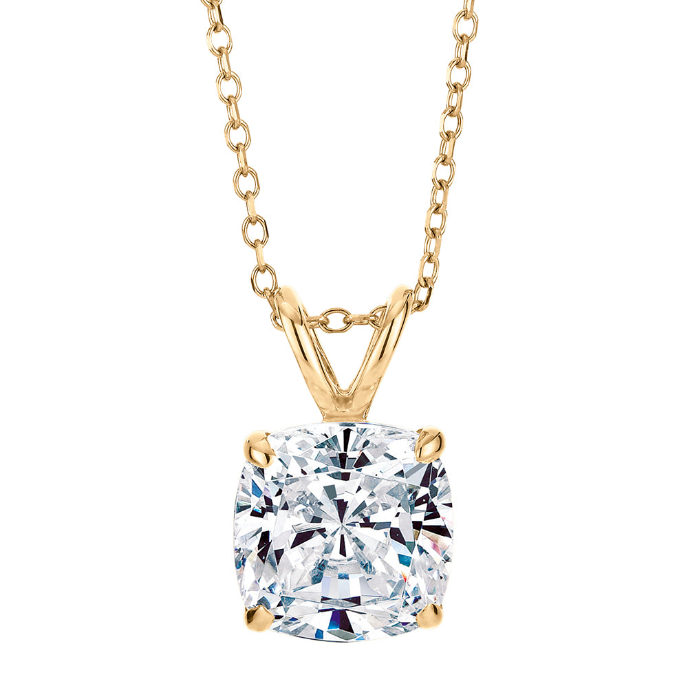 Cushion solitaire pendant with 2 carat* diamond simulant in 10 carat yellow gold
