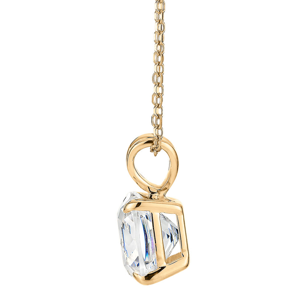 Cushion solitaire pendant with 2 carat* diamond simulant in 10 carat yellow gold