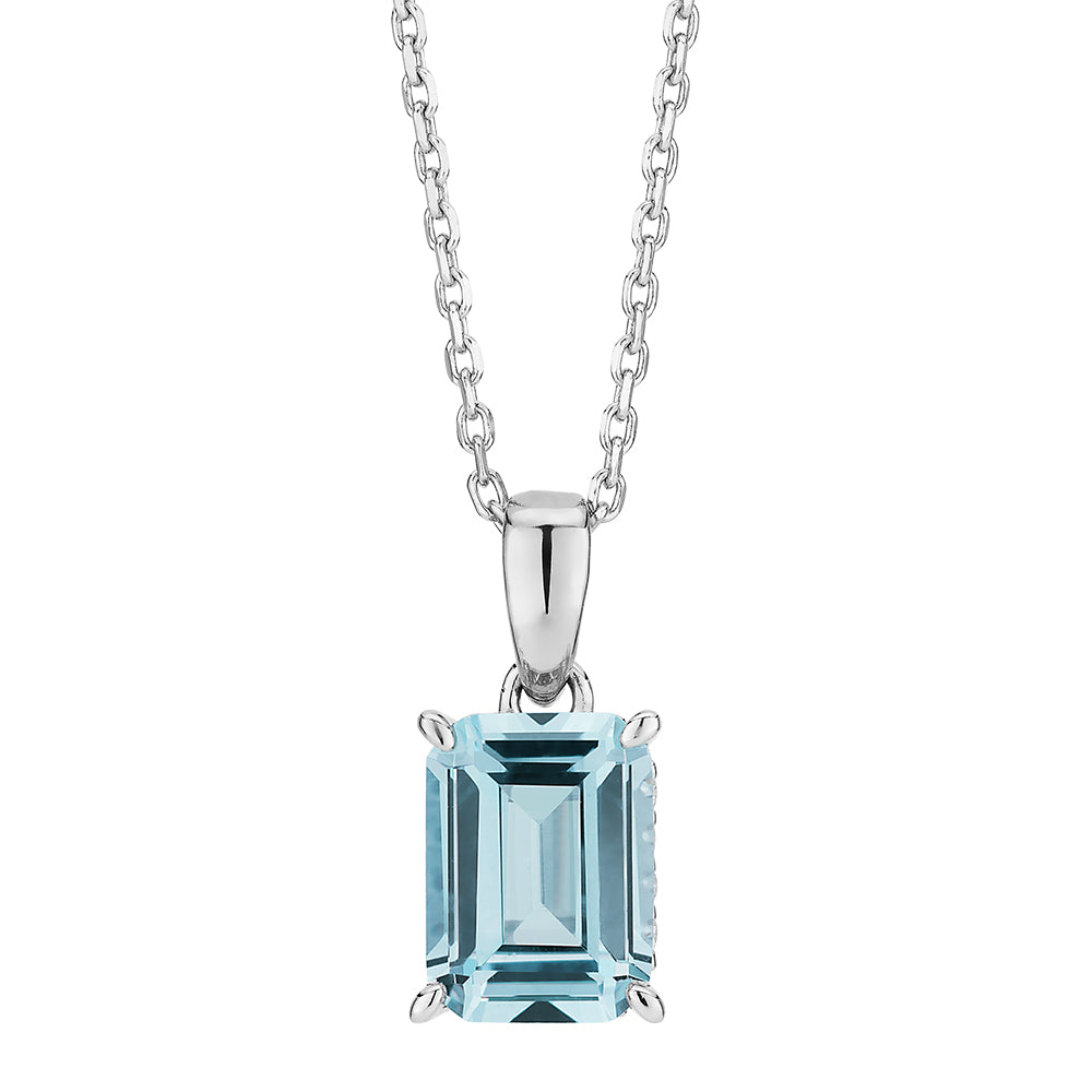 Emerald Cut solitaire necklace with blue topaz simulant in sterling silver
