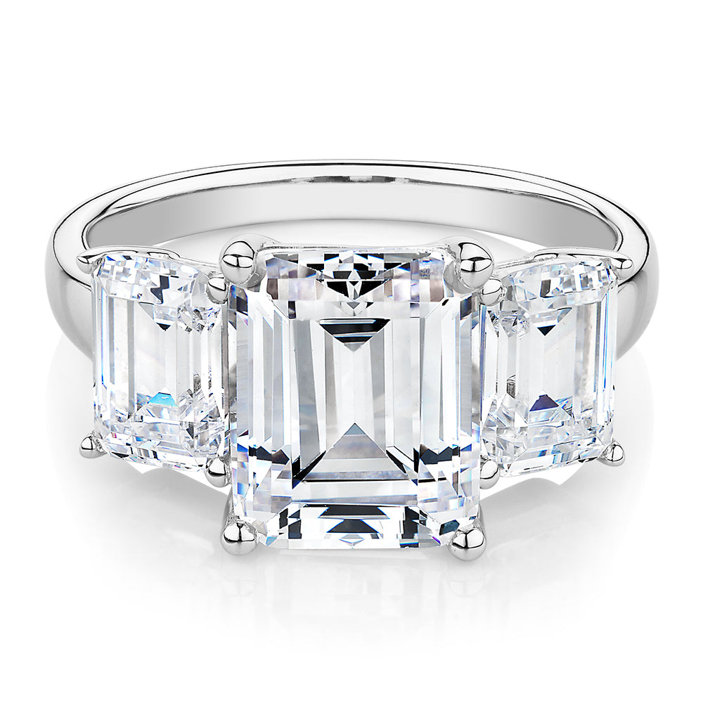 Three stone ring with 4.9 carats* of diamond simulants in 10 carat white gold