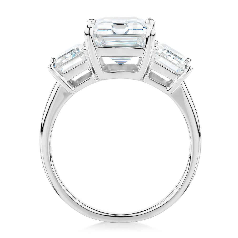 Three stone ring with 4.9 carats* of diamond simulants in 10 carat white gold