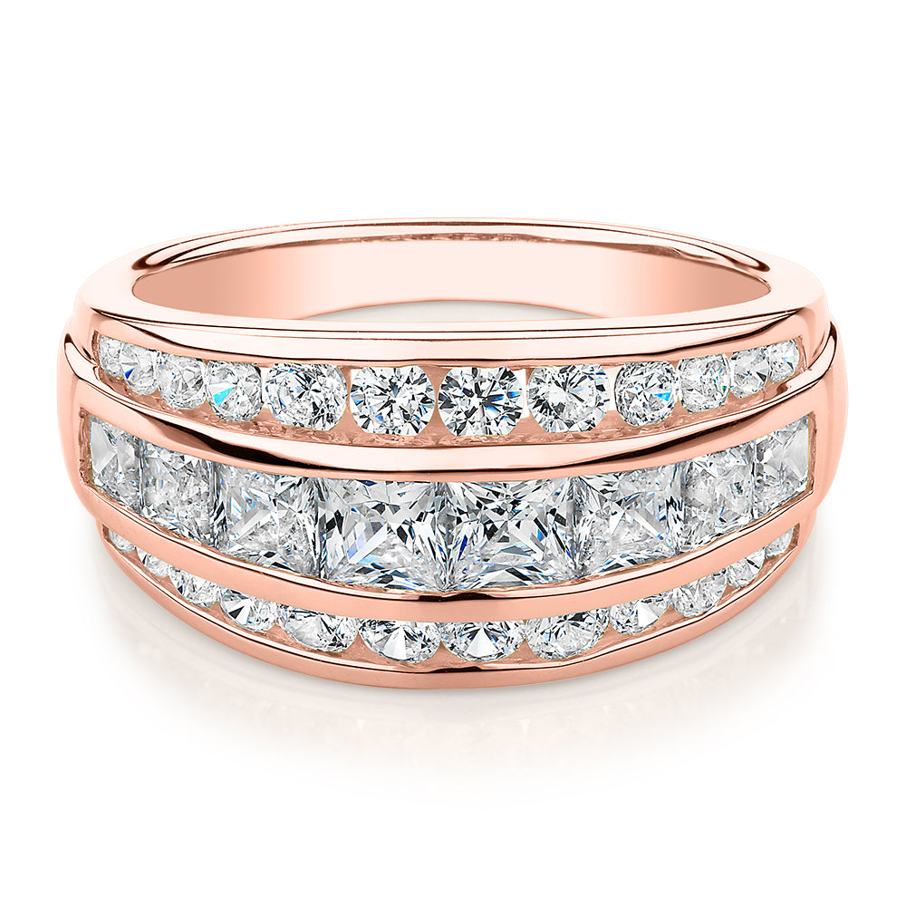 Dress ring with 2.42 carats* of diamond simulants in 10 carat rose gold