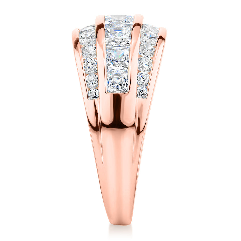 Dress ring with 2.42 carats* of diamond simulants in 10 carat rose gold