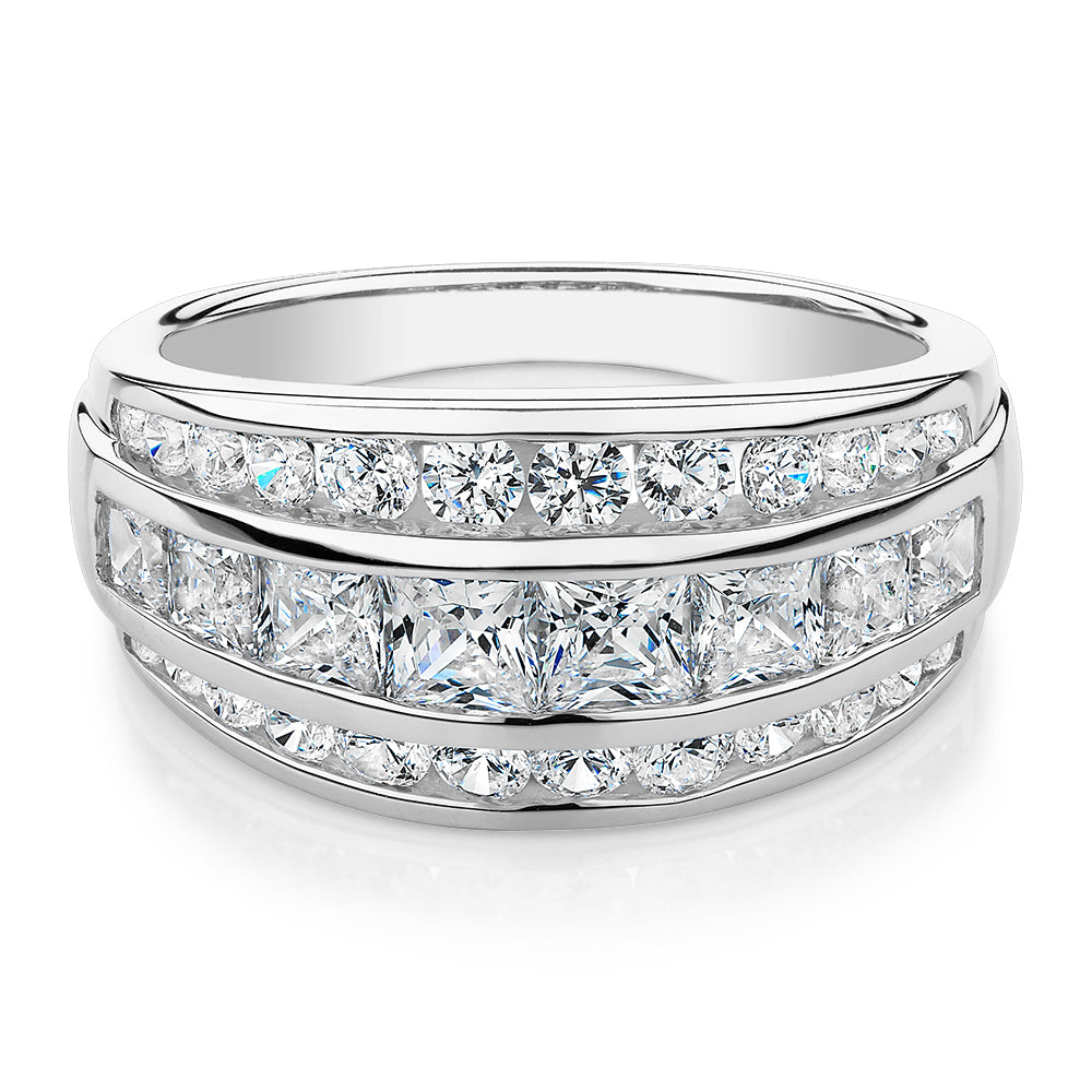 Dress ring with 2.42 carats* of diamond simulants in 10 carat white gold