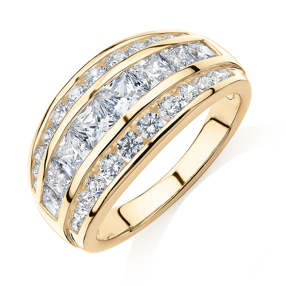 Dress ring with 2.42 carats* of diamond simulants in 10 carat yellow gold