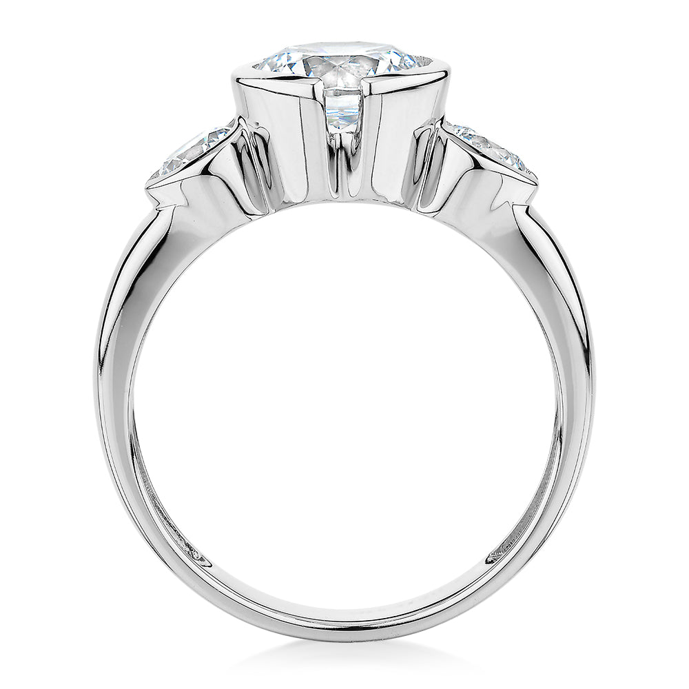 Three stone ring with 2.23 carats* of diamond simulants in 10 carat white gold