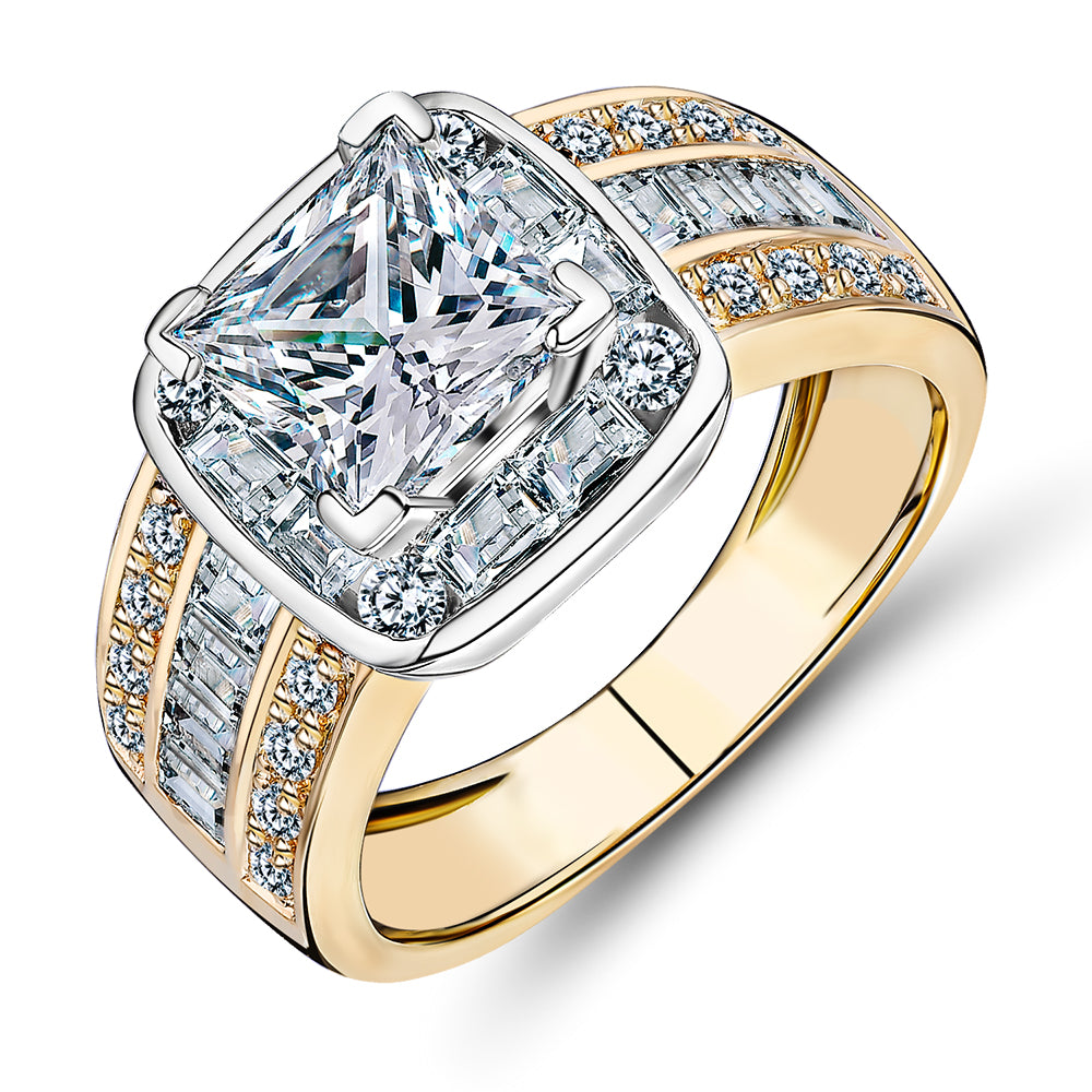 Dress ring with 3.6 carats* of diamond simulants in 10 carat yellow and white gold