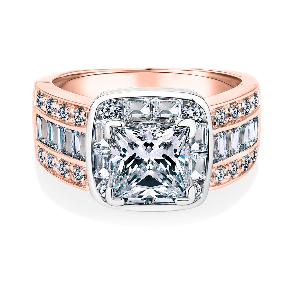 Dress ring with 3.6 carats* of diamond simulants in 10 carat rose and white gold