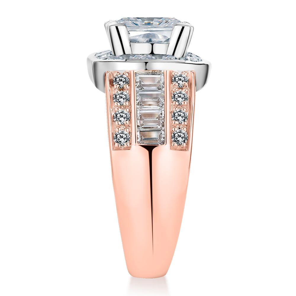 Dress ring with 3.6 carats* of diamond simulants in 10 carat rose and white gold