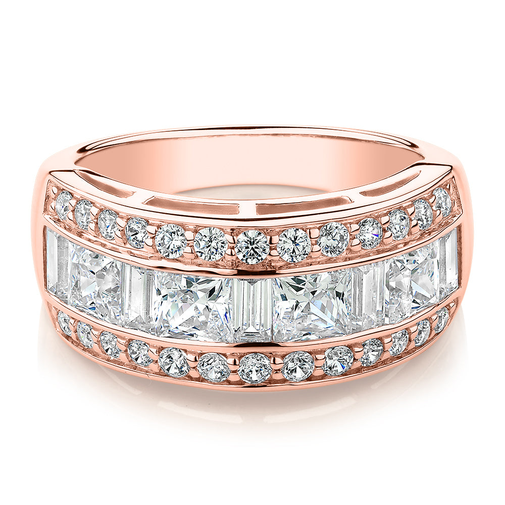 Dress ring with 2.7 carats* of diamond simulants in 10 carat rose gold