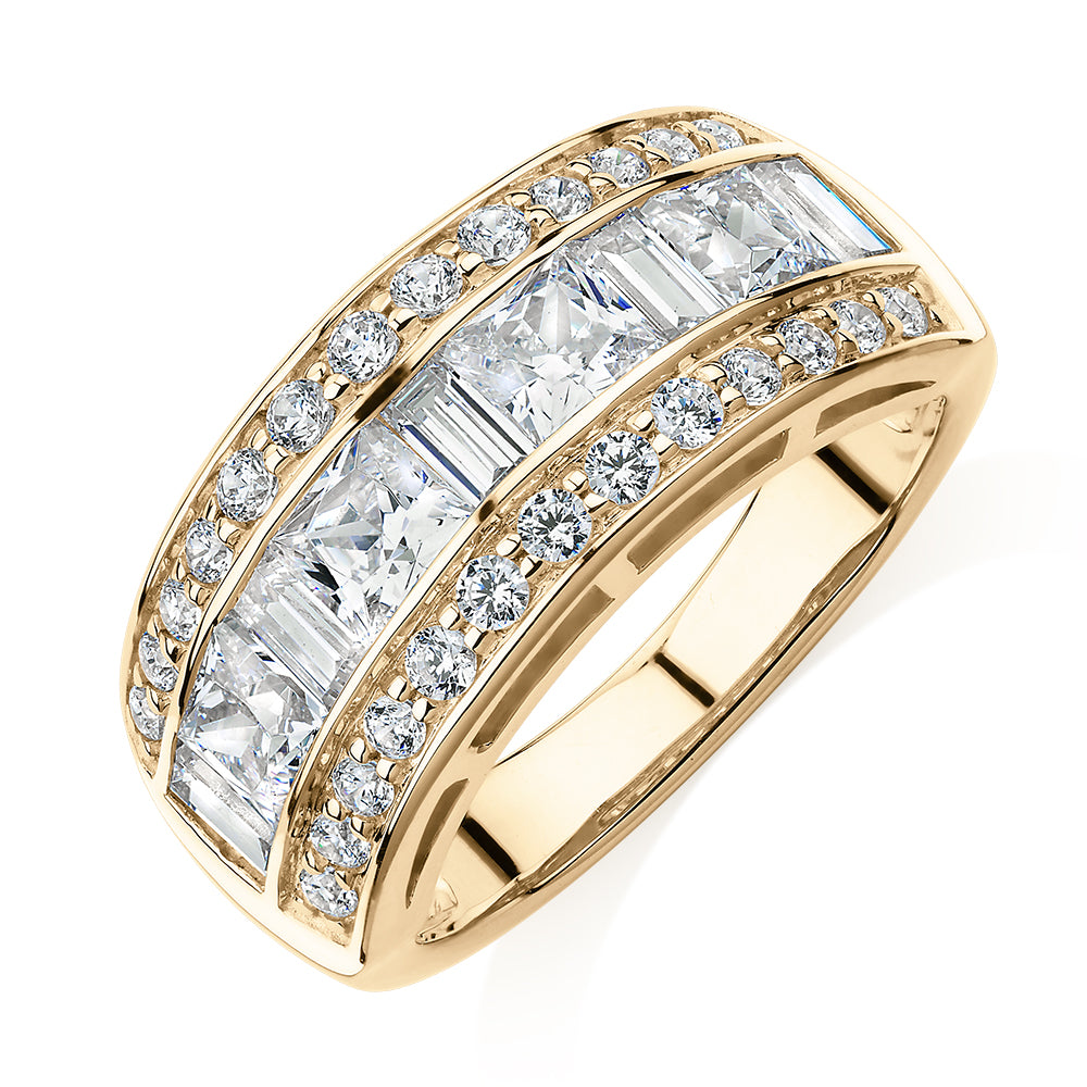 Dress ring with 2.7 carats* of diamond simulants in 10 carat yellow gold