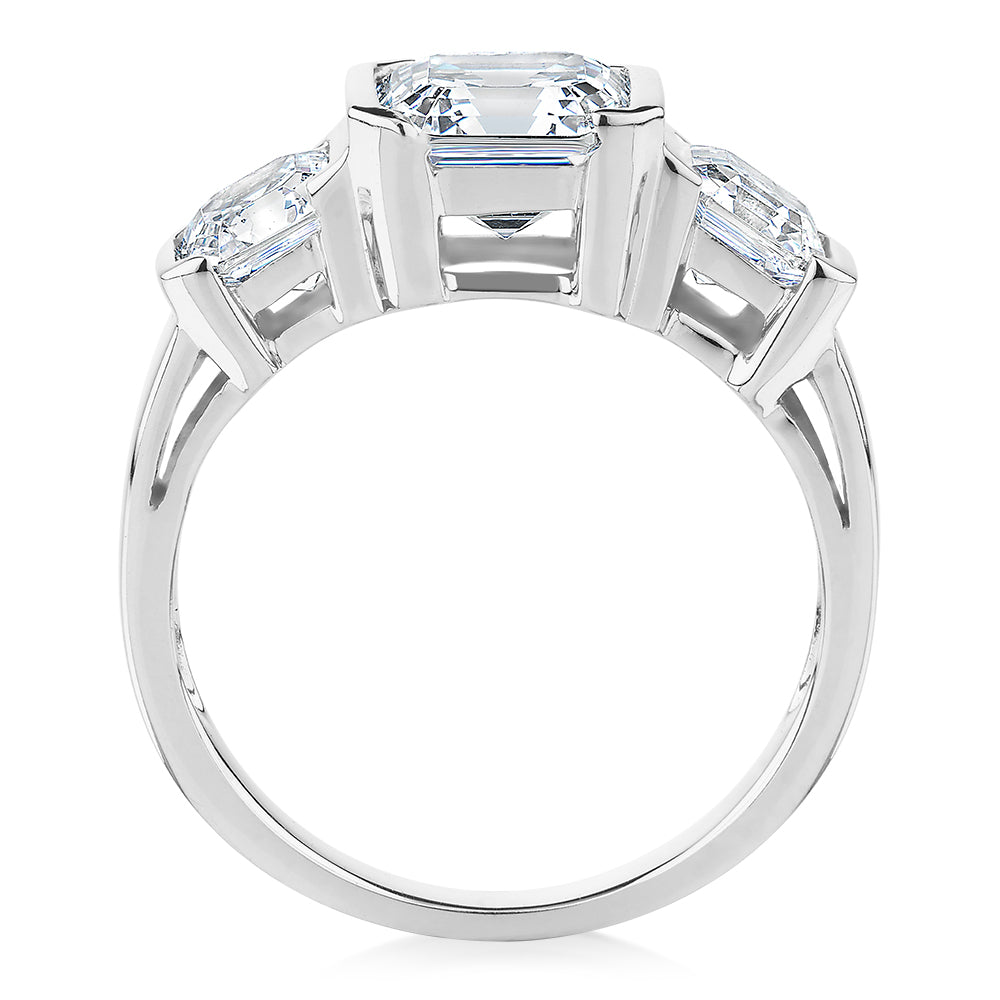 Three stone ring with 3.38 carats* of diamond simulants in 10 carat white gold