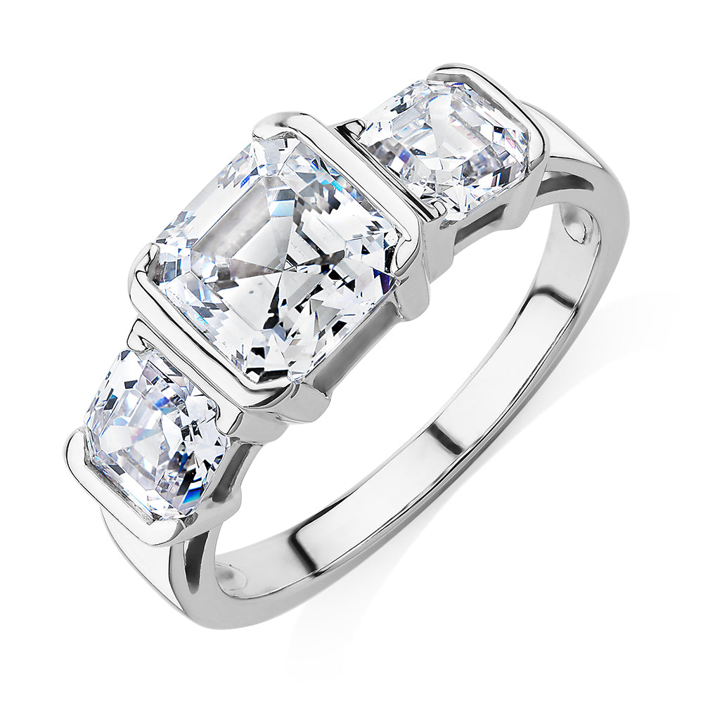 Three stone ring with 3.38 carats* of diamond simulants in 10 carat white gold