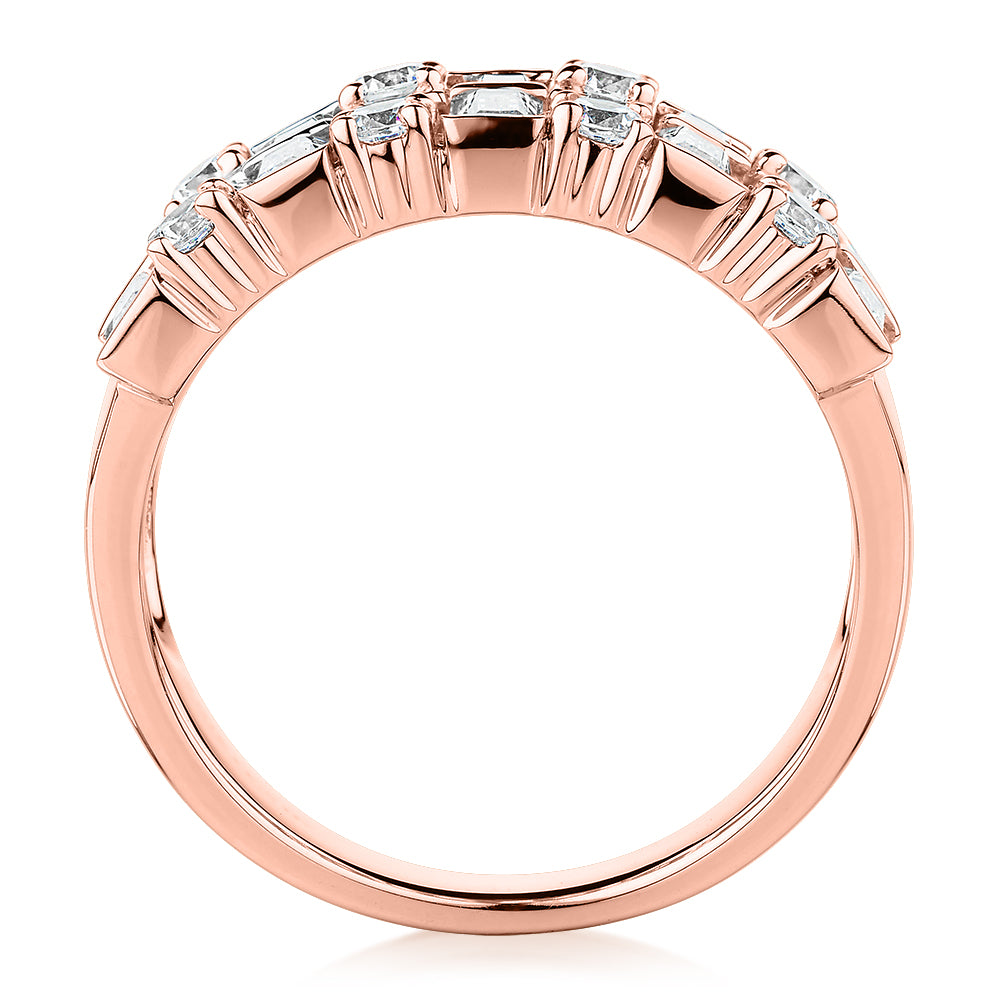 Dress ring with 2.44 carats* of diamond simulants in 10 carat rose gold
