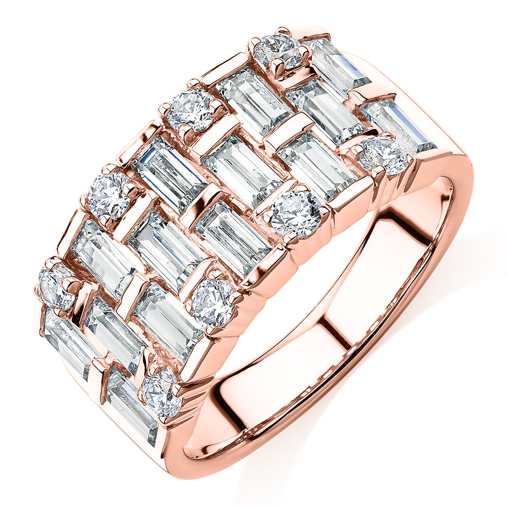 Dress ring with 2.44 carats* of diamond simulants in 10 carat rose gold