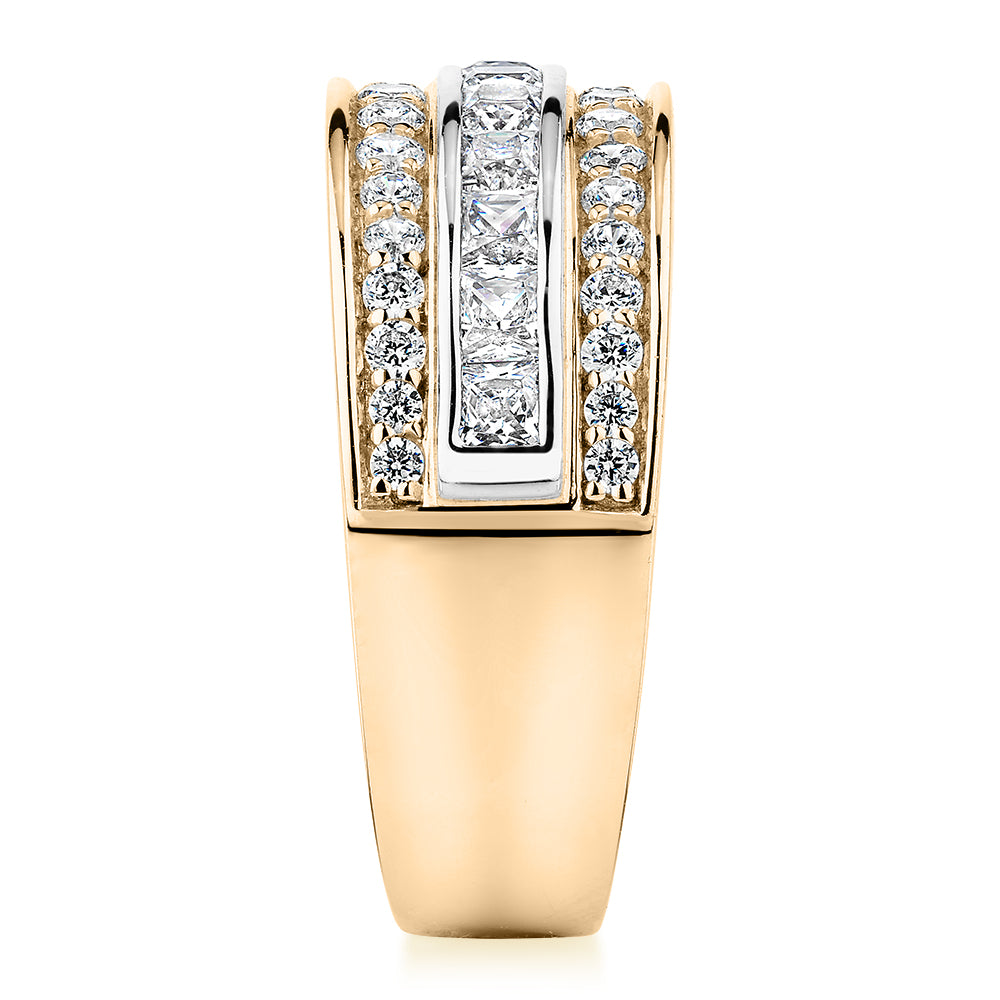 Princess Cut and Round Brilliant Dress ring with 1.62 carats* of diamond simulants in 10 carat yellow and white gold