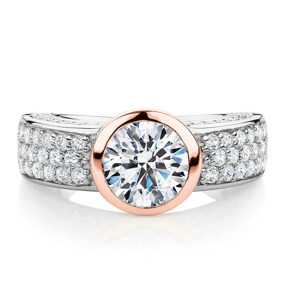 Synergy dress ring with 2.36 carats* of diamond simulants in 10 carat rose gold and sterling silver