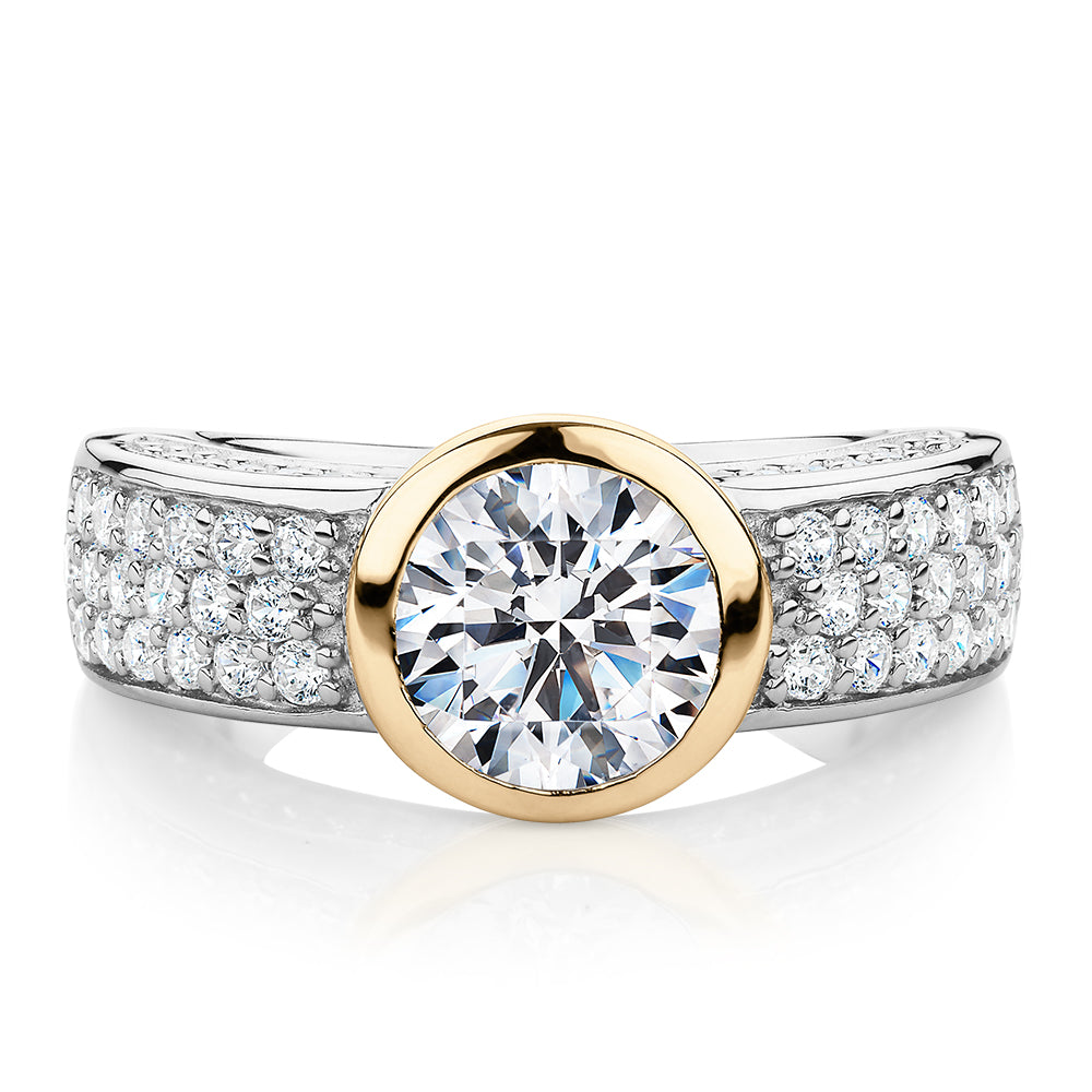 Synergy dress ring with 2.36 carats* of diamond simulants in 10 carat yellow gold and sterling silver