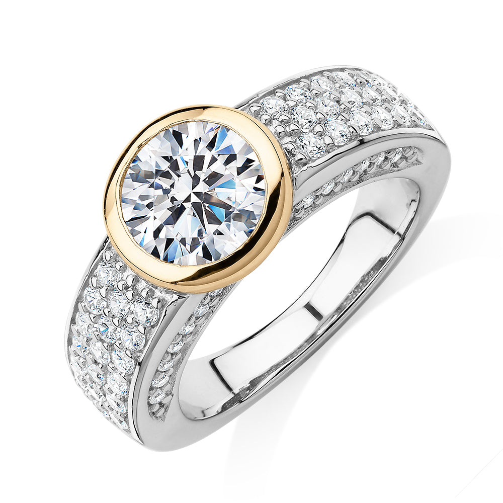 Synergy dress ring with 2.36 carats* of diamond simulants in 10 carat yellow gold and sterling silver