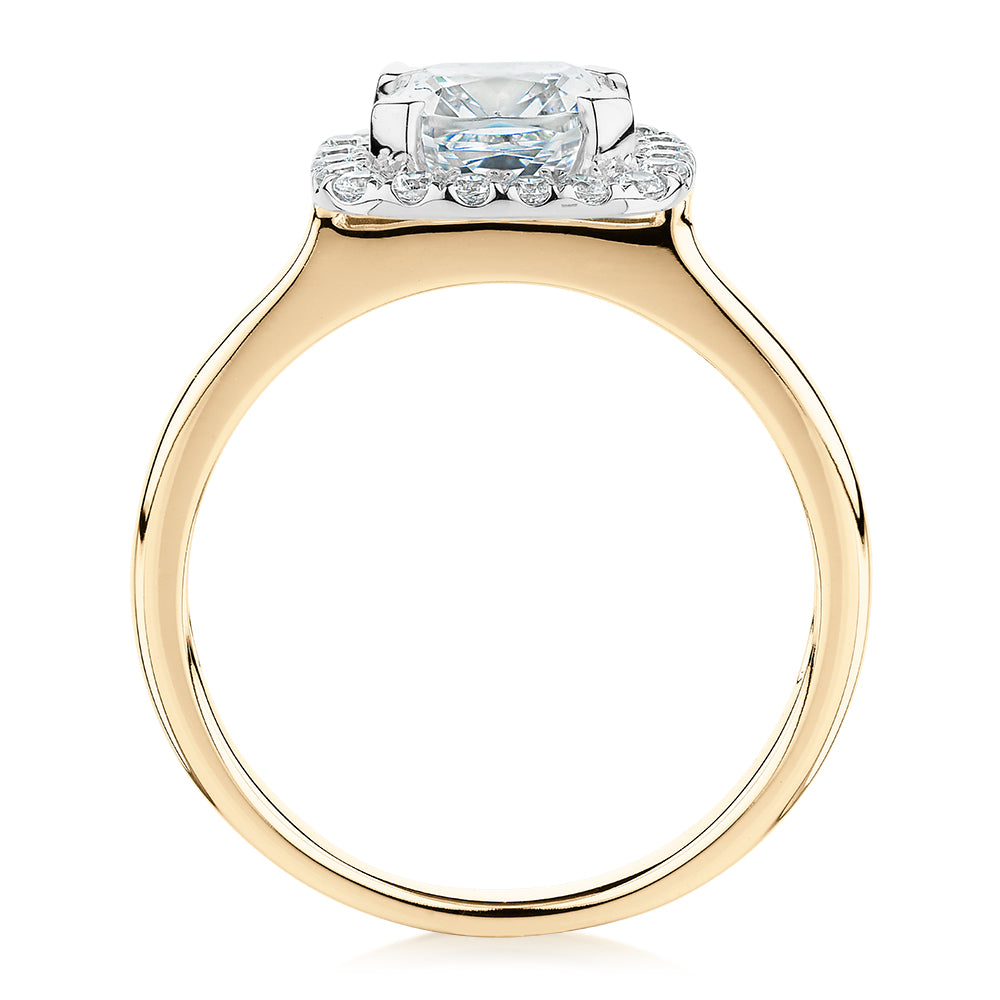 Cushion and Round Brilliant halo engagement ring with 1.58 carats* of diamond simulants in 10 carat yellow and white gold