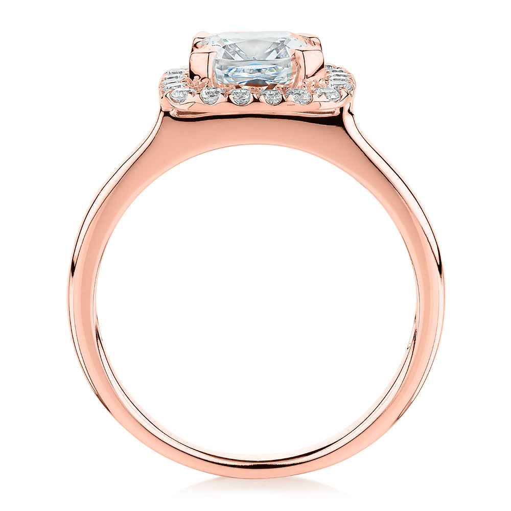 Cushion and Round Brilliant halo engagement ring with 1.58 carats* of diamond simulants in 10 carat rose gold