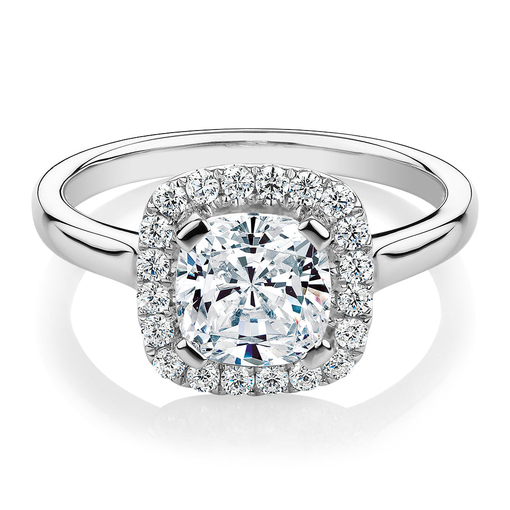 Cushion and Round Brilliant halo engagement ring with 1.58 carats* of diamond simulants in 10 carat white gold