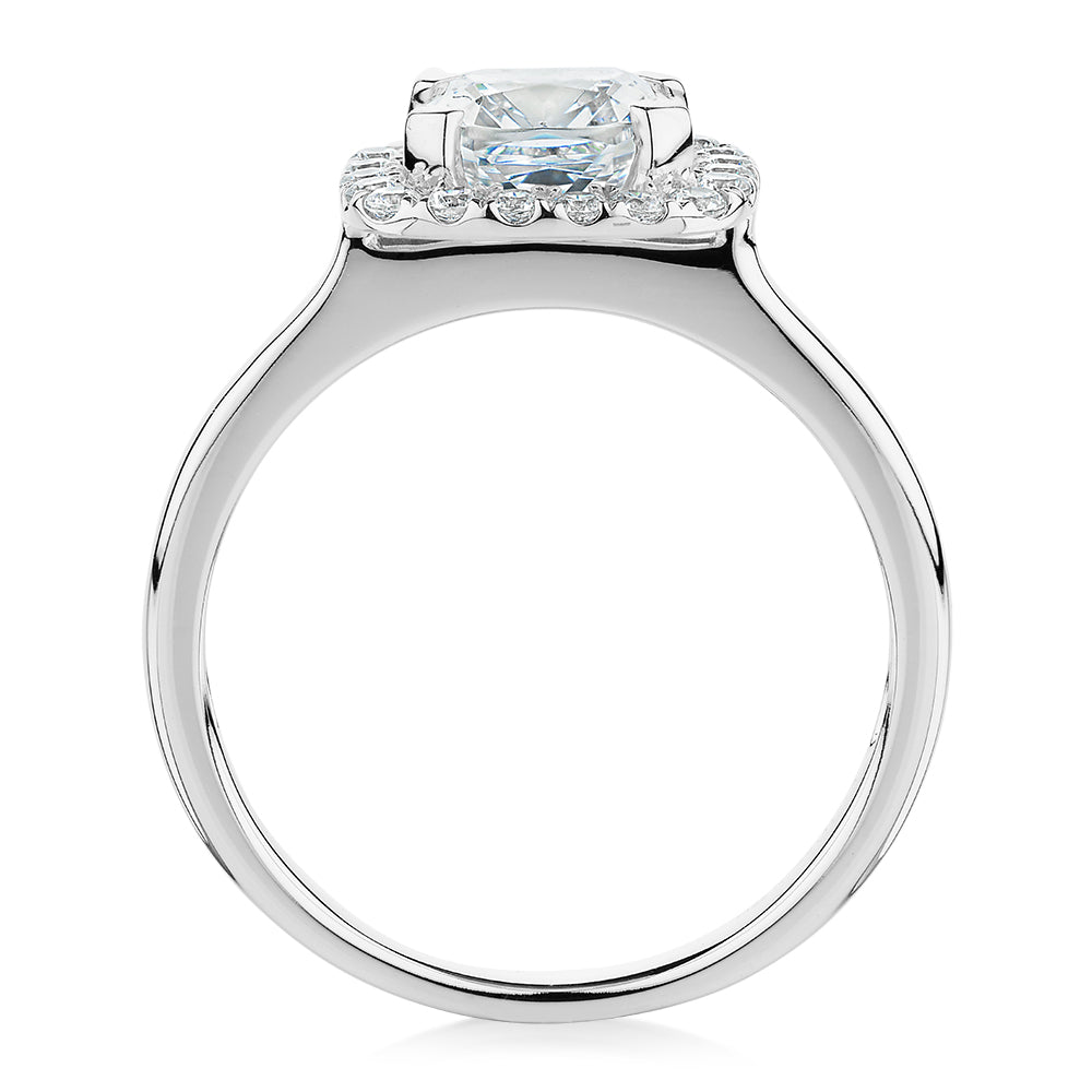 Cushion and Round Brilliant halo engagement ring with 1.58 carats* of diamond simulants in 10 carat white gold