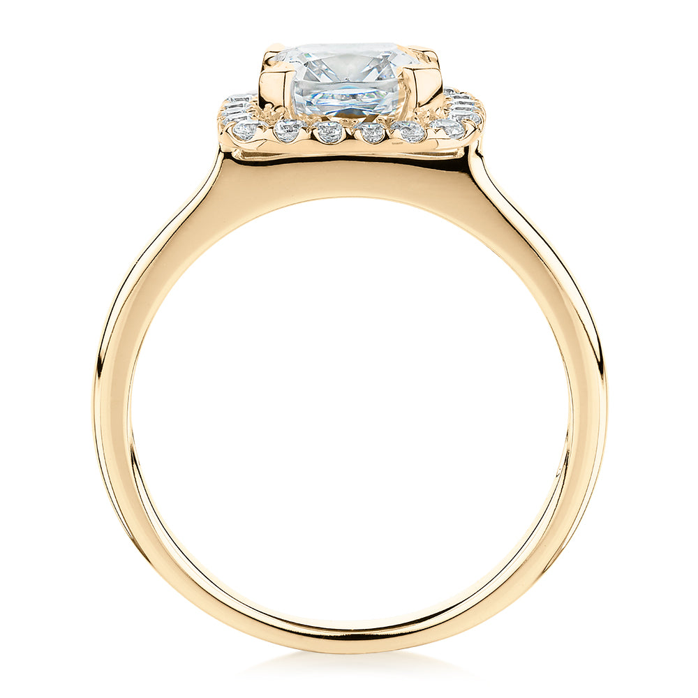 Cushion and Round Brilliant halo engagement ring with 1.58 carats* of diamond simulants in 10 carat yellow gold