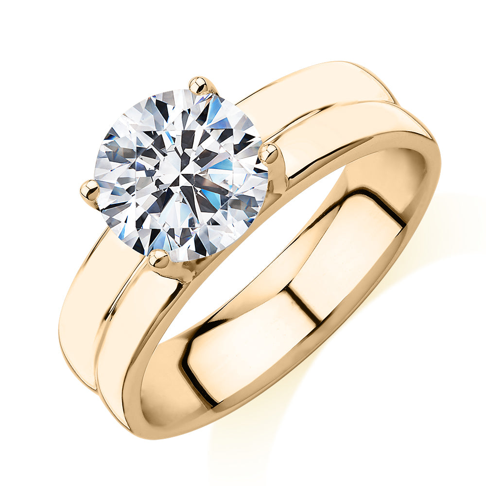 Round Brilliant solitaire engagement ring with 2.04 carat* diamond simulant in 10 carat yellow gold